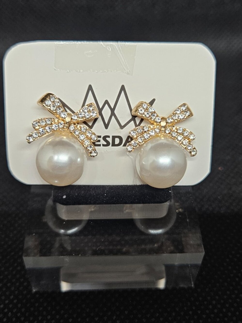 Gold Crystals Ribbon / Pearl Stud Earrings